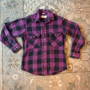 Purple and black plaid flannel button-up shirt